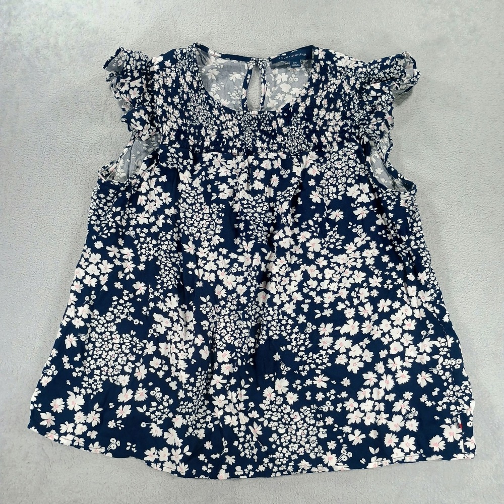 Tommy Hilfiger Women Floral Smocked Blouse‎ Navy Blue Large Ruffle Sleeve